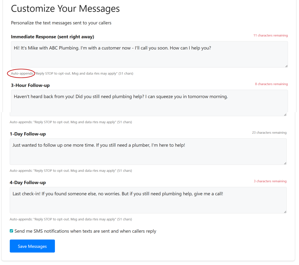 custom messages - missed call text back - TextBackPro.com
