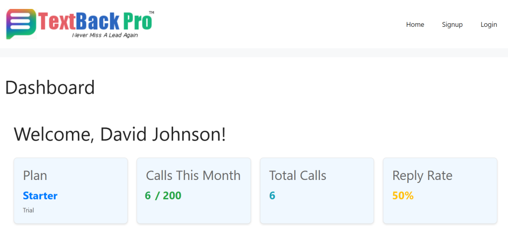 screenshot 1 - never miss a lead again with TextBackPro.com; missed call text back service